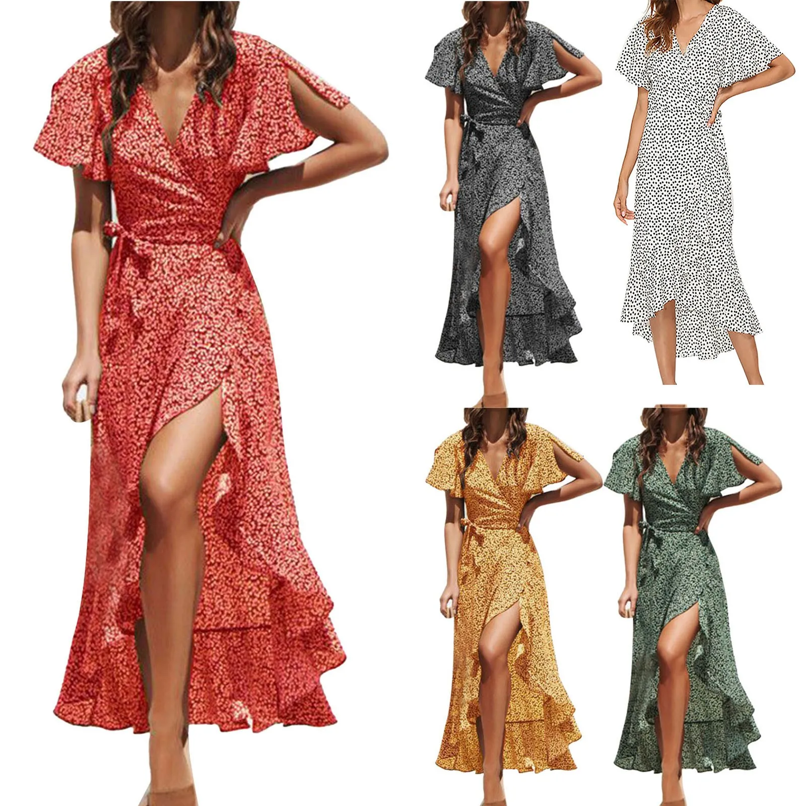 

Женское длинное платье в горошек, летнее платье с V-образным вырезом, оборками на Подоле и высокой талией, кружевное платье в горошек с коротким рукавом