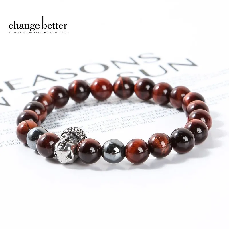 

Change Better Buddha Head Bracelets Natural Hematite Tiger Eye Beads Bangle Handmade Elastic Yoga Energy Jewelry For Men Women