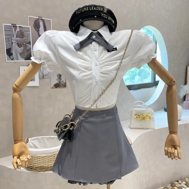 

New Women's Clothing 2022 Summer College style Lapel fold Puff Sleeve Shirt Short top skirt two piece set