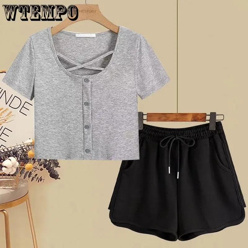 

Women's Casual Two-piece Set Square Neck T-shirt+Drawstring Shorts Backless Crop Top Hotsweet Leisure Wear Summer Drop Shipping