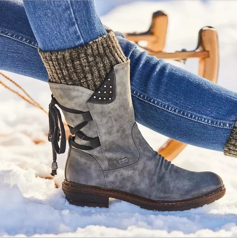 

NEW 2023 Women Winter Mid-Calf Boot Flock Winter Shoes Ladies Fashion Snow Boots Shoes Thigh High Suede Warm Botas Zapatos De Mu