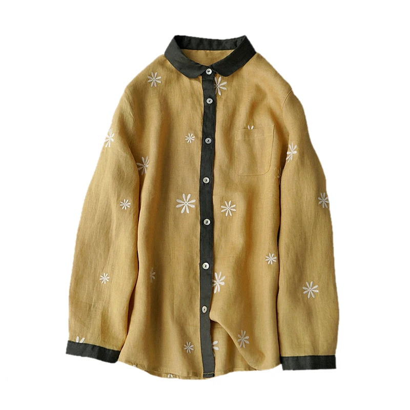 

2022 Linen Chinese Style Chinese Style Embroidery Floral Ladies Tops Women Shirts Blouses Thin Vintage Blouse Spring