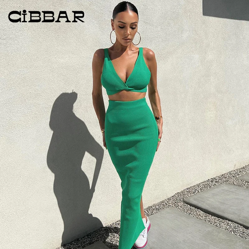 

CIBBAR Women Solid 2 Pieces Sets Summer Casual Streetwear Skinny Suit Party V-neck Ruched Crop Top+High Waist Slit Skirts Outfit