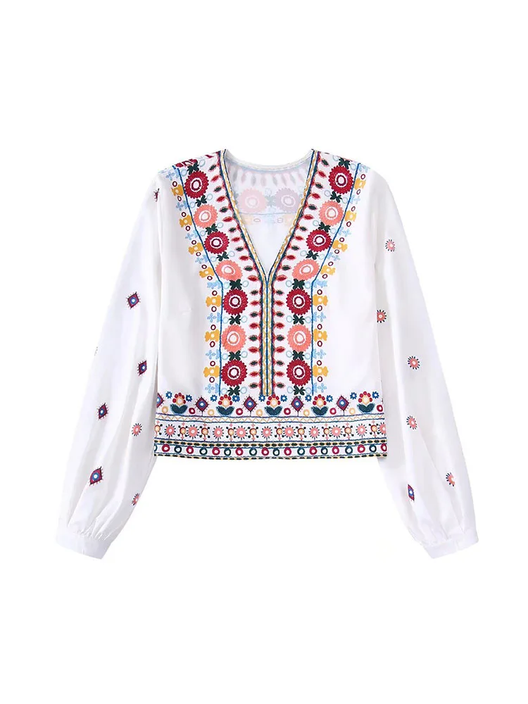 

Женский топ с контрастным принтом, Повседневная Свободная короткая рубашка в стиле ретро с V-образным вырезом и длинным рукавом, лето 2022