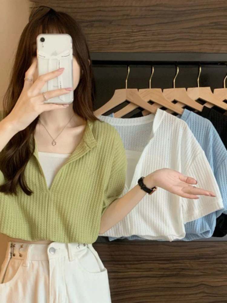 

Fake Two Pieces T-shirts Women Short Sleeve V-neck Sweet Design Patchwork Fashion Korean Harajuku College Summer Crop Tops Chic