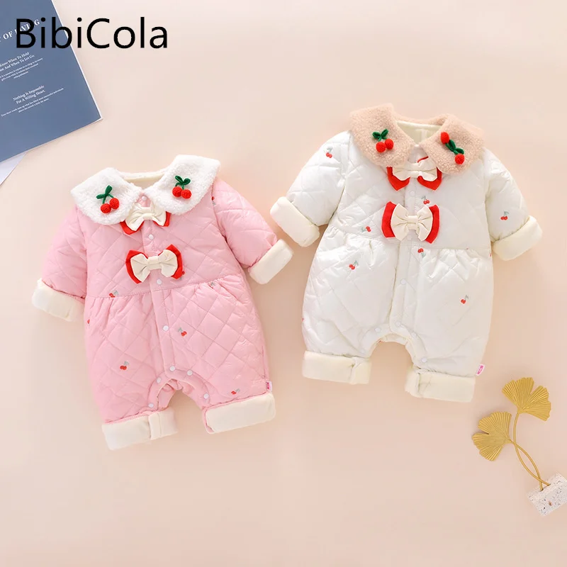 

Осенне-зимние теплые комбинезоны для новорожденных девочек с принтом вишни, комбинезон с длинными рукавами для малышей, детская одежда с ба...