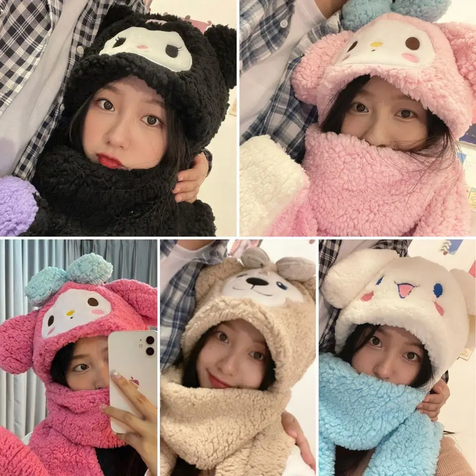 

Новая зимняя теплая Милая шапка и шарф Kuromi все в одном Sanrio аниме мультфильм ветрозащитный плюшевый утепленный шарф подарок оптовая продажа