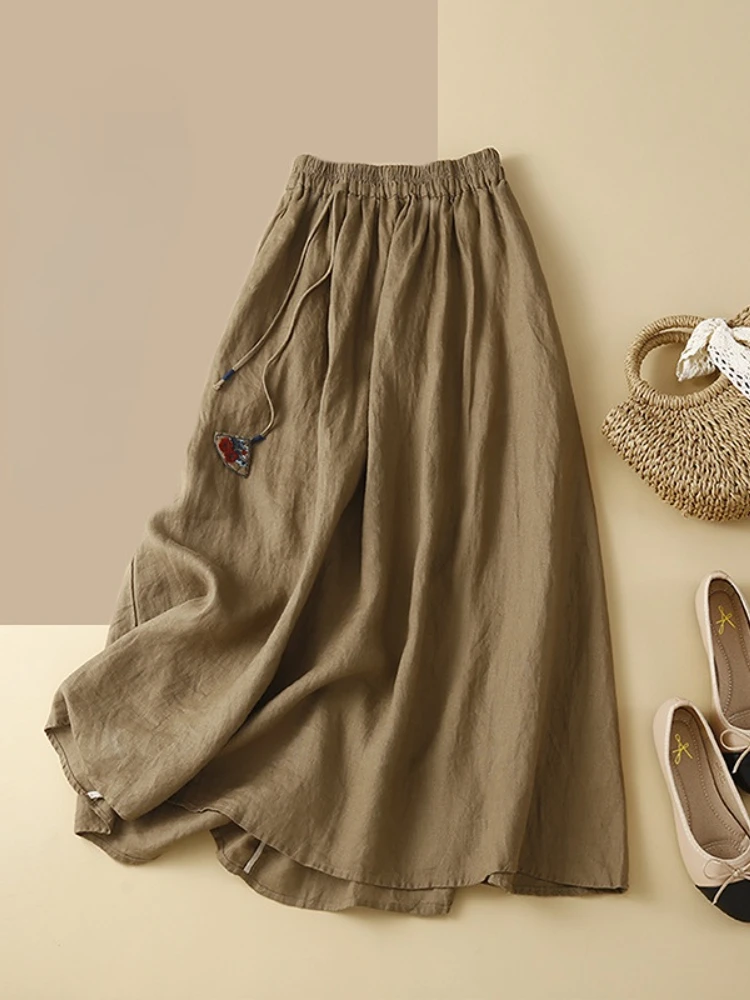 

Summer Women's Dress 2023 Vintage Cotton Linen Skirts Elastic High-Waisted Harajuku Korean Style LOOSE Long Skirt with Pockets
