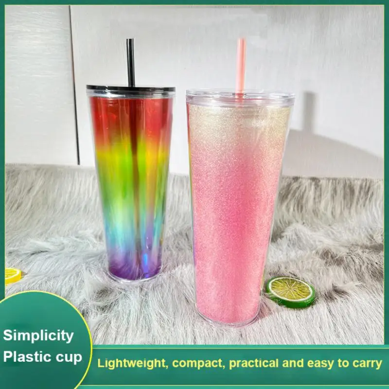 

710ML Double-layer Inserted Straw Cup Personalized Food Grade PS Gradient Straw Cup Portable Water Bottle Home Office Accessorie