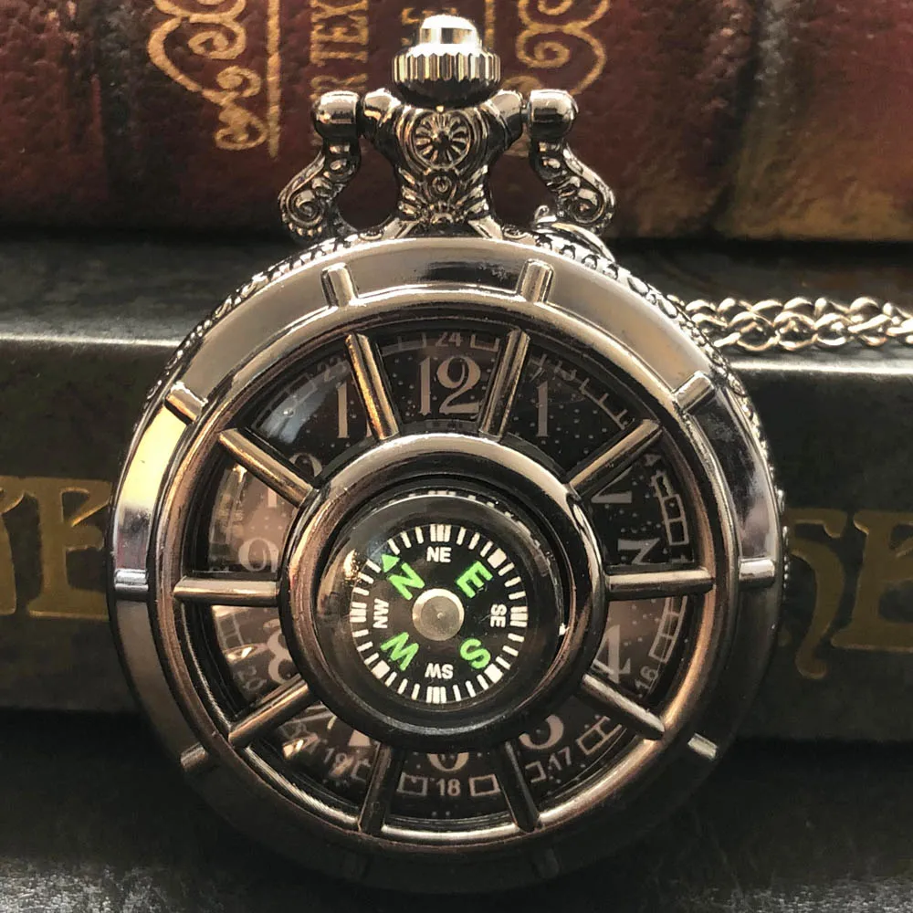 

New Black Starry Dial Compass Design Hollow Skeleton Steampunk Quartz Pocket Watch Necklace Chain Pendant Clock Gifts for Men