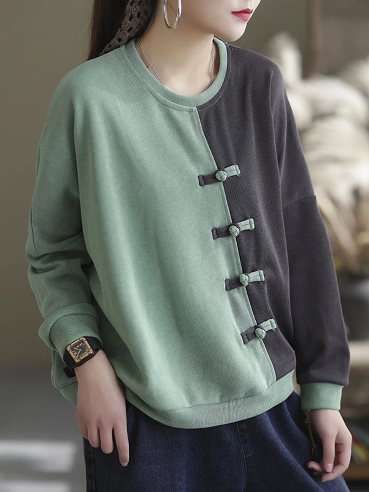 FairyNatural Spring Patchwork Design Loose Street Ladies Sweatshirts Chinese Style Buttons Casual Retro Hoodies Punk Clothing |
