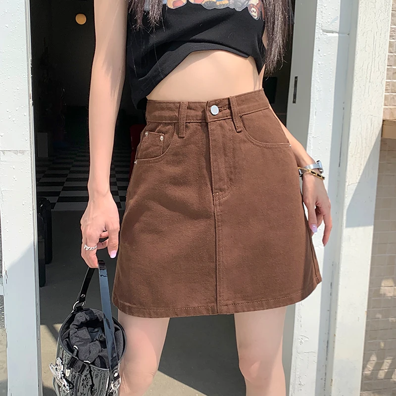 Loose Denim Skirt Women's Coffee Summer 2023 New Sense A-line Star Pocket High Waist Slim Skirt