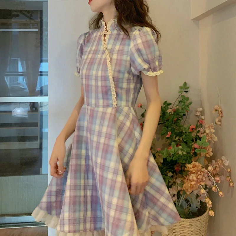 

Женское винтажное платье в готическом стиле, кружевное готическое платье в клетку с оборками, приталенное китайское платье Чонсам с коротк...