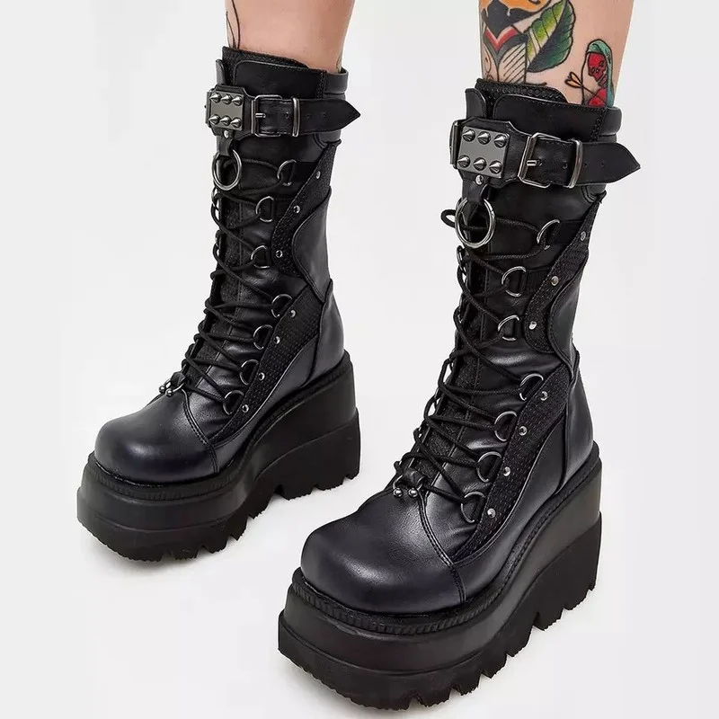 

2022 Autumn Winter Women's Boots Punk Halloween Witch Cosplay Platform High Wedges Heels Black Gothic Boots Women Shoes Big Size