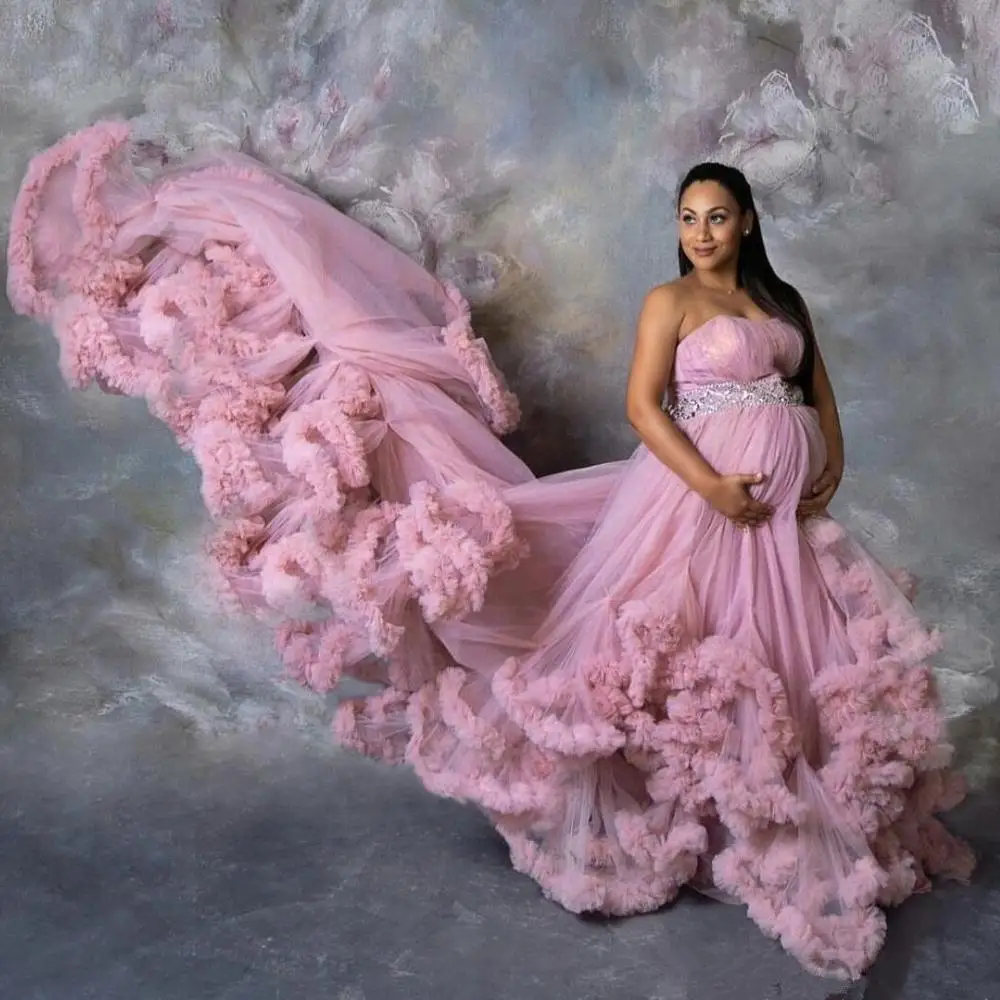 

Luxury Strapless Sleeveless Ruffled Tulle Maternity Dresses Fluffy Pregnancy Photoshoot Dress Extra Puffy Photography Gowns