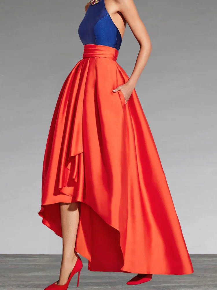 

Hi Lo Prom Dress Blue with Coral Satin Party Gowns Side Pockets Backless fuller skirt that has a fitted waistband accentuates th