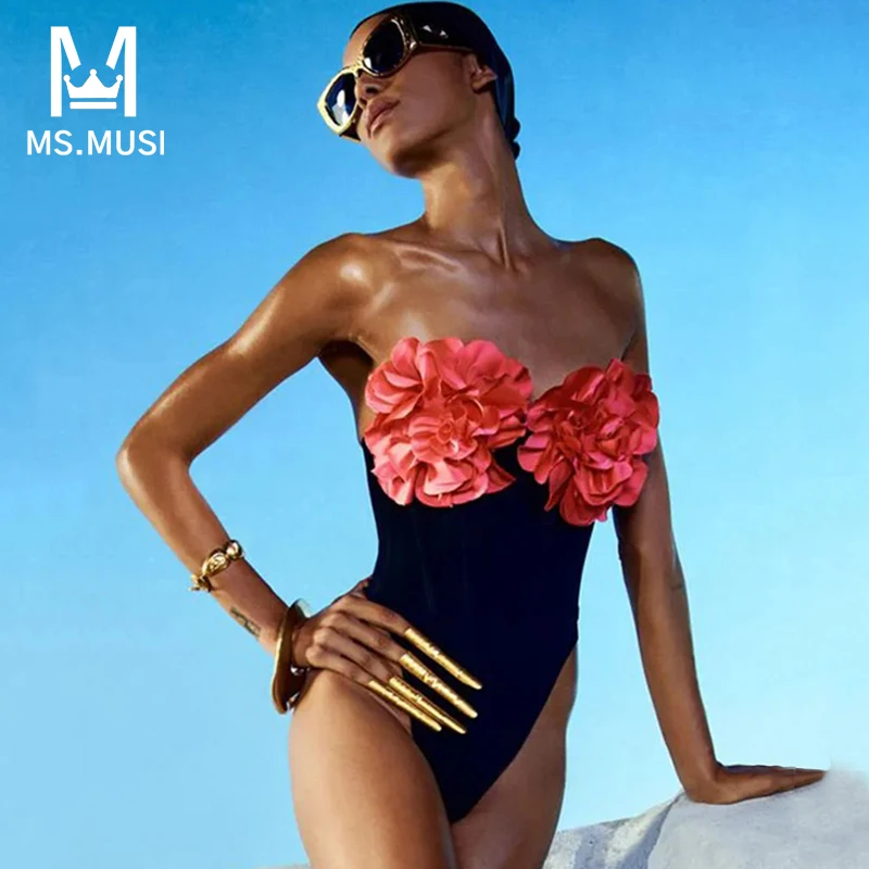MSMUSI 2024 новая мода женское сексуальное боди без бретелек с 3D цветочным принтом в