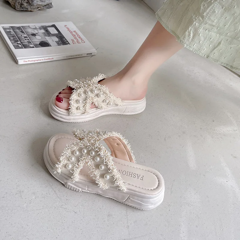 Canvas Pearl Slippers Women's Summer Shoes Fashion New Thick Sole Soft Sole Net Red Slippers