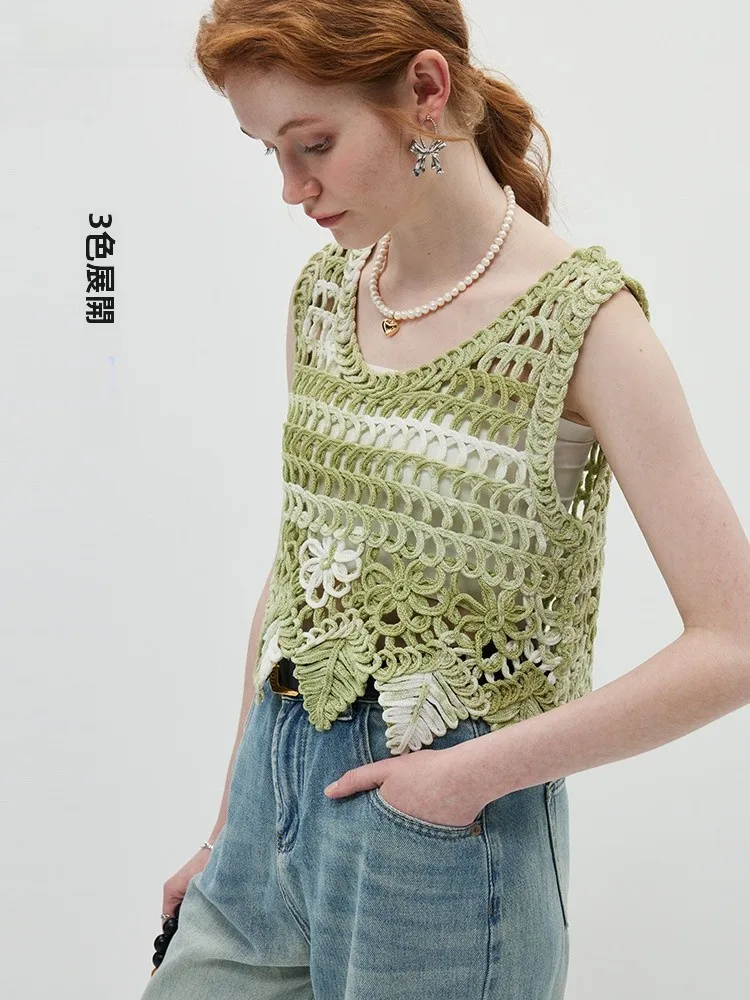 La Chapelle Blooming вязаный полый жилет женская верхняя одежда топ с круглым вырезом