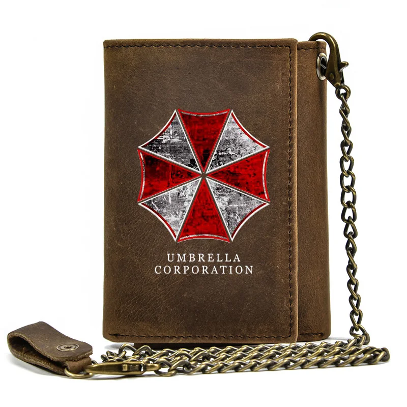 High Quality Men Genuine Leather Wallet Anti Theft Hasp With Iron Chain Cool Umbrella Corporation Cover Card Holder Short Purse