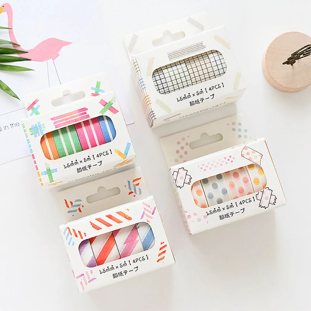 

4Rolls/Set KawaiI Geometry Solid Color Washi Tape Decorative Masking Cute Scrapbooking Adhesive Office School Stationery Supplie