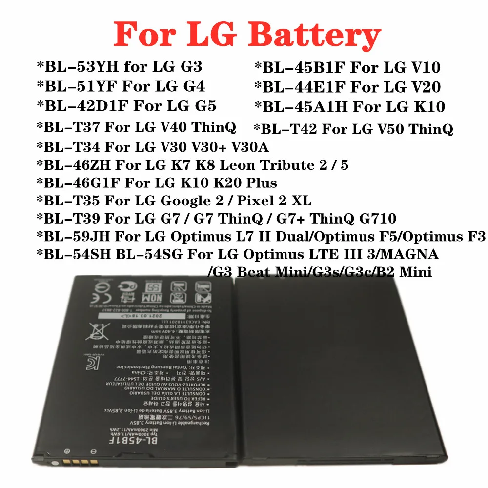 

For LG V10 V20 V30 V40 V50 G7 ThinQ G3 G4 G5 K7 K8 K10 K20 Plus Leon Tribute 2 5 Optimus LTE 3 L7 2 F3 F5 Google 2 Phone Battery