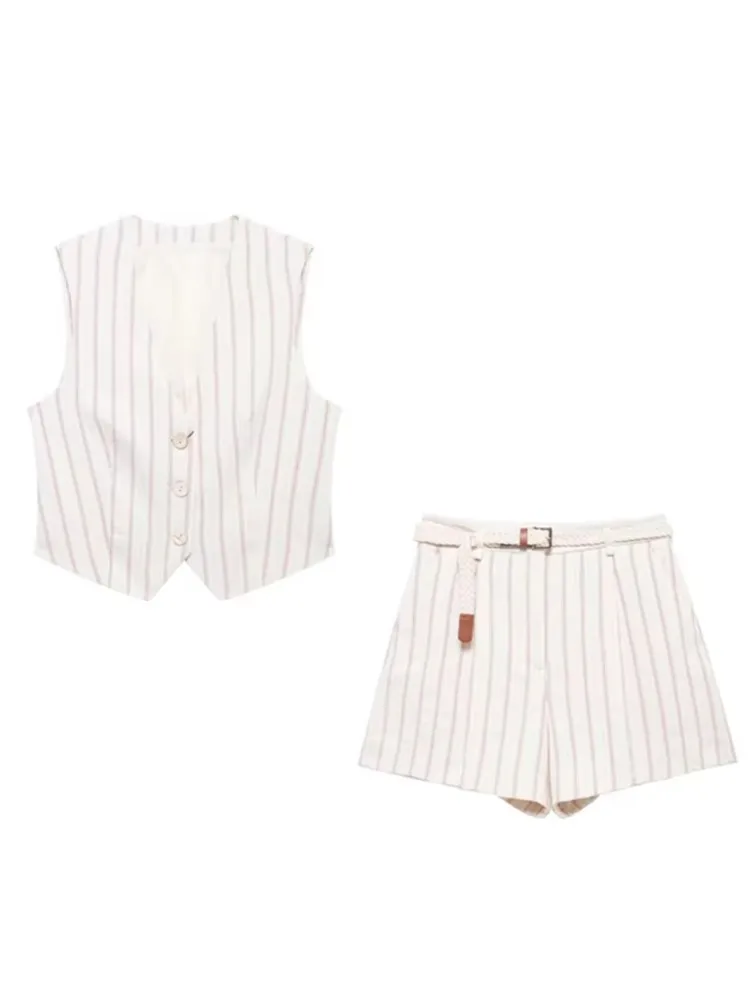 Модный комплект шорт в полоску для женщин однобортный жилет без рукавов с