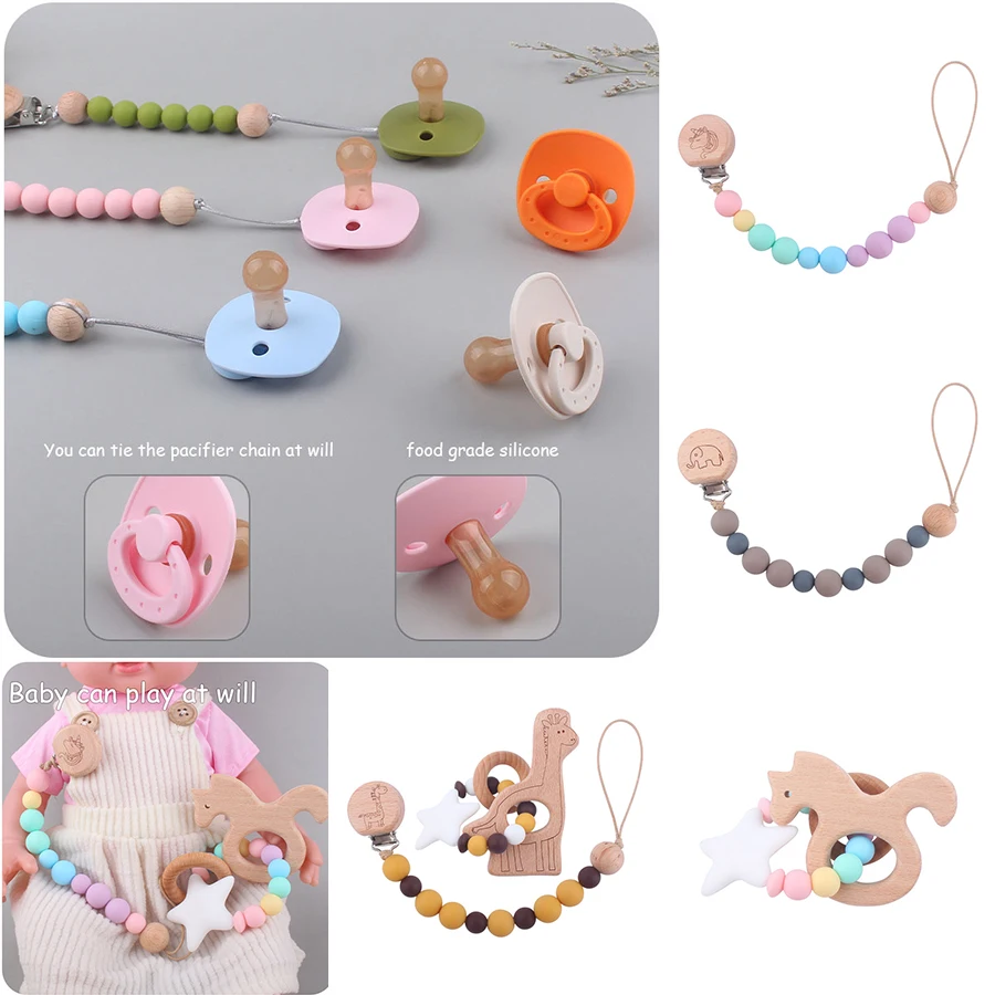 

Детские зажимы для соски, цепочка, аксессуары, силиконовый прорезыватель, деревянные бусины, не содержит Бисфенол А, держатель для соски, ат...