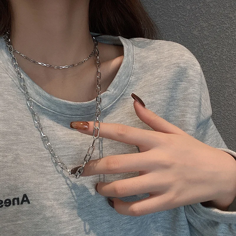 

Jewelry Double Layer Titanium Steel Necklace Women Cool Wind Simple Clavicle Design Temperament Sweater necklace For Women Girls
