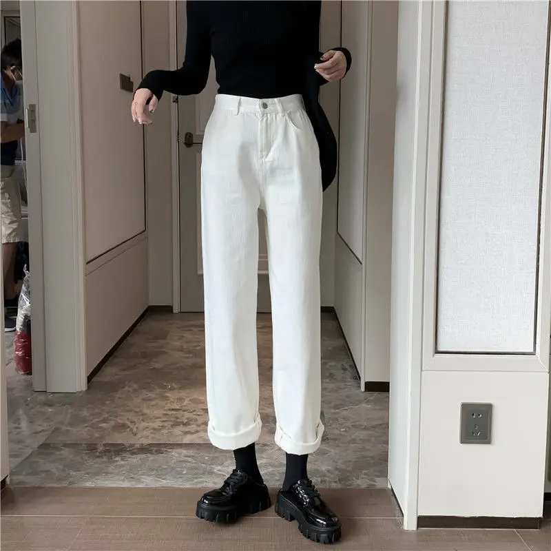 Jeans For Women Autumn Cotton White Stretch Casual Loose Pants Straight Loose Solid Plus Size Slim High Waist Denim Trousers