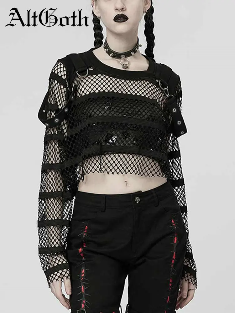 

AltGoth Gothic Dark Fishnet T-shirt Women Y2k Cyberpunk Streetwear See Through Long Sleeve Crop Tee Tops Emo Alt Indie Clothes