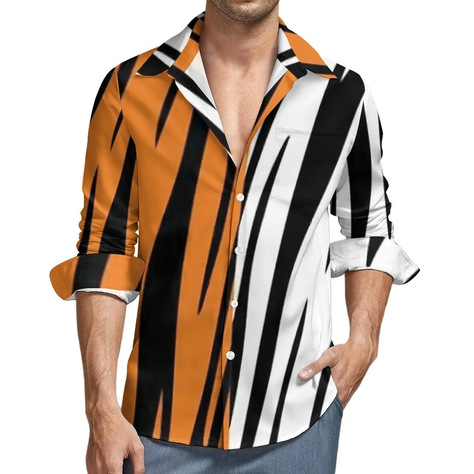 

Рубашка с принтом тигра в полоску, двухцветная Повседневная Блузка с длинным рукавом, с графическим принтом, в уличном стиле, Весенняя трендовая одежда оверсайз