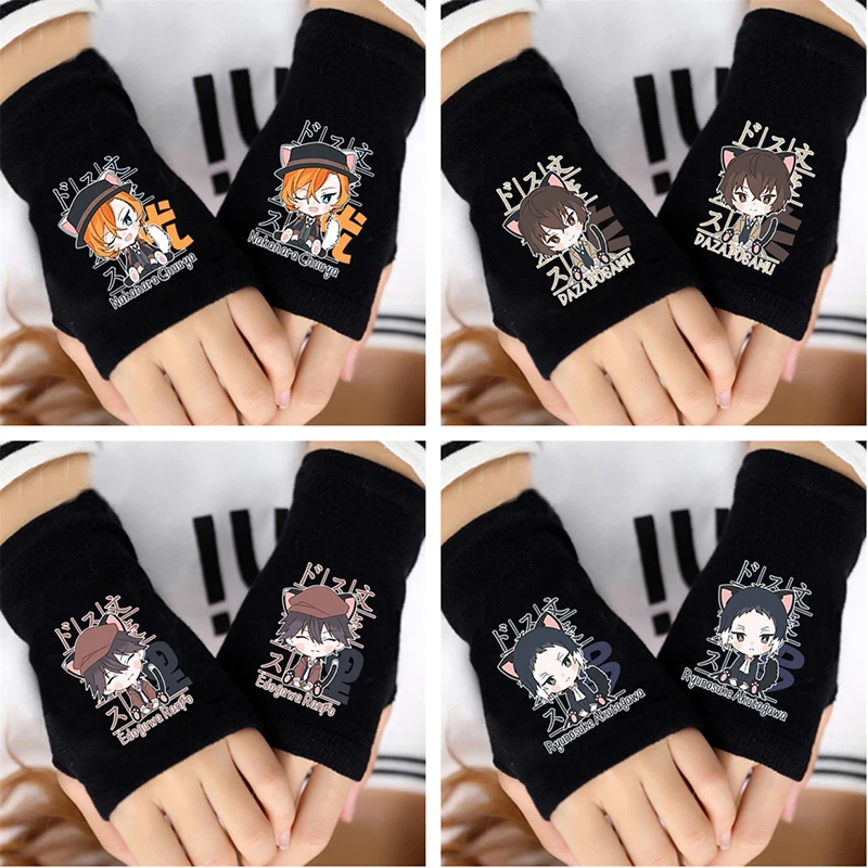 

Anime Bungou Stray Dogs Cartoon Printed Gloves Wrist Half Finger Design Nakahara Chuuya Dazai Osamu Ryunosuke Nakajima Kids Gift