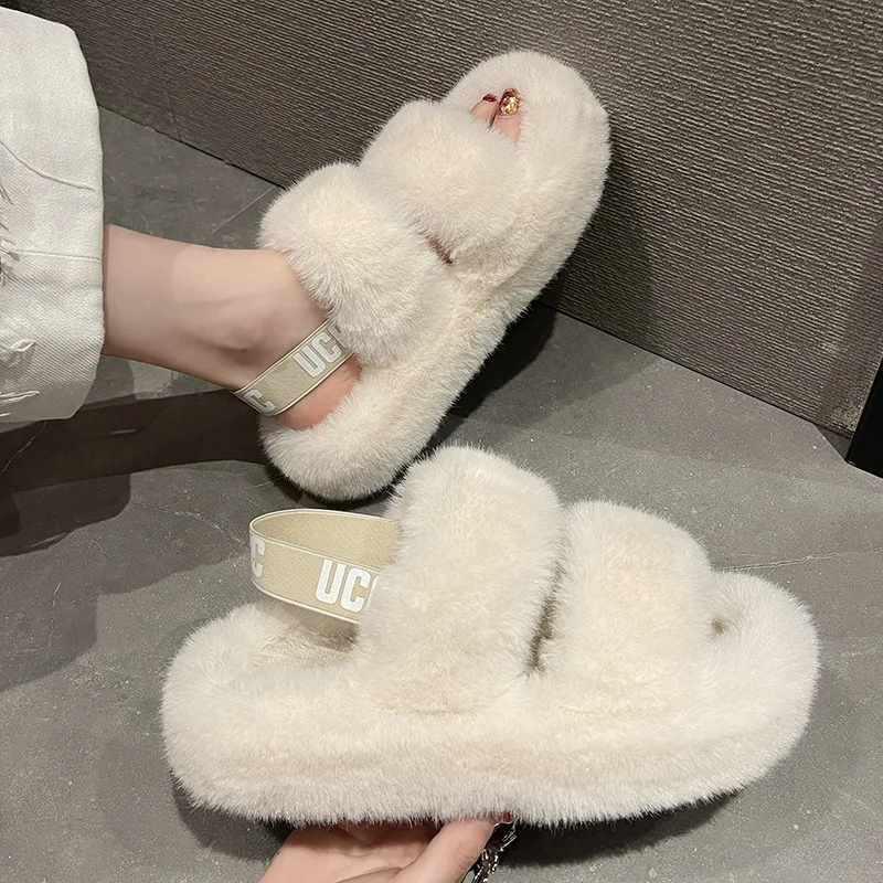 

Platform Fur Shoes Women New Elastic Strap Shoes Soft Bottom Outer Wear Home Slippers Plus Size Flat Slippers 41 Chinelos Planos