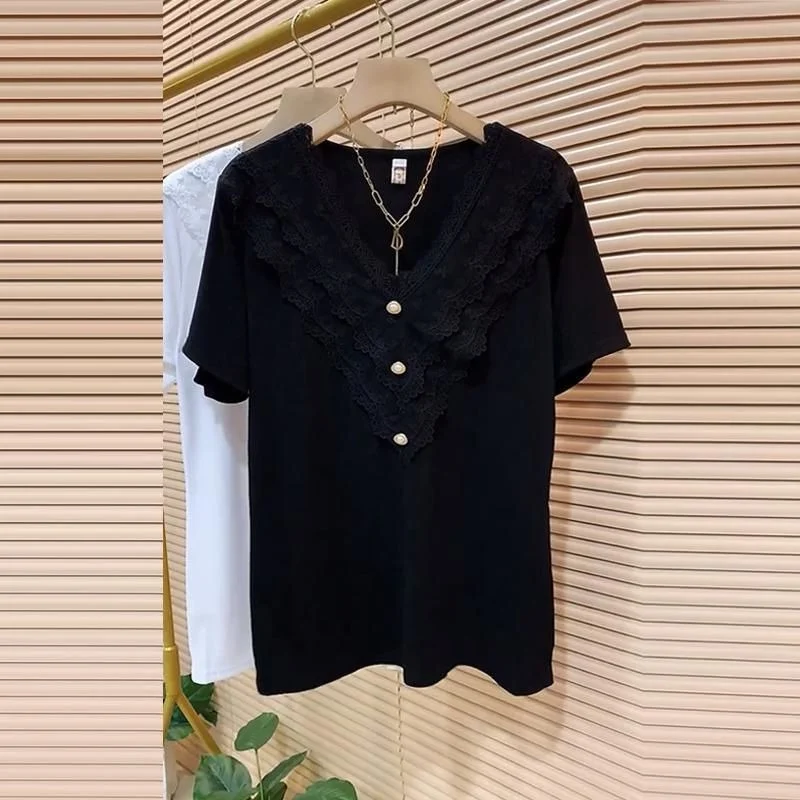 Футболка женская кружевная средней длины с V-образным вырезом и коротким рукавом