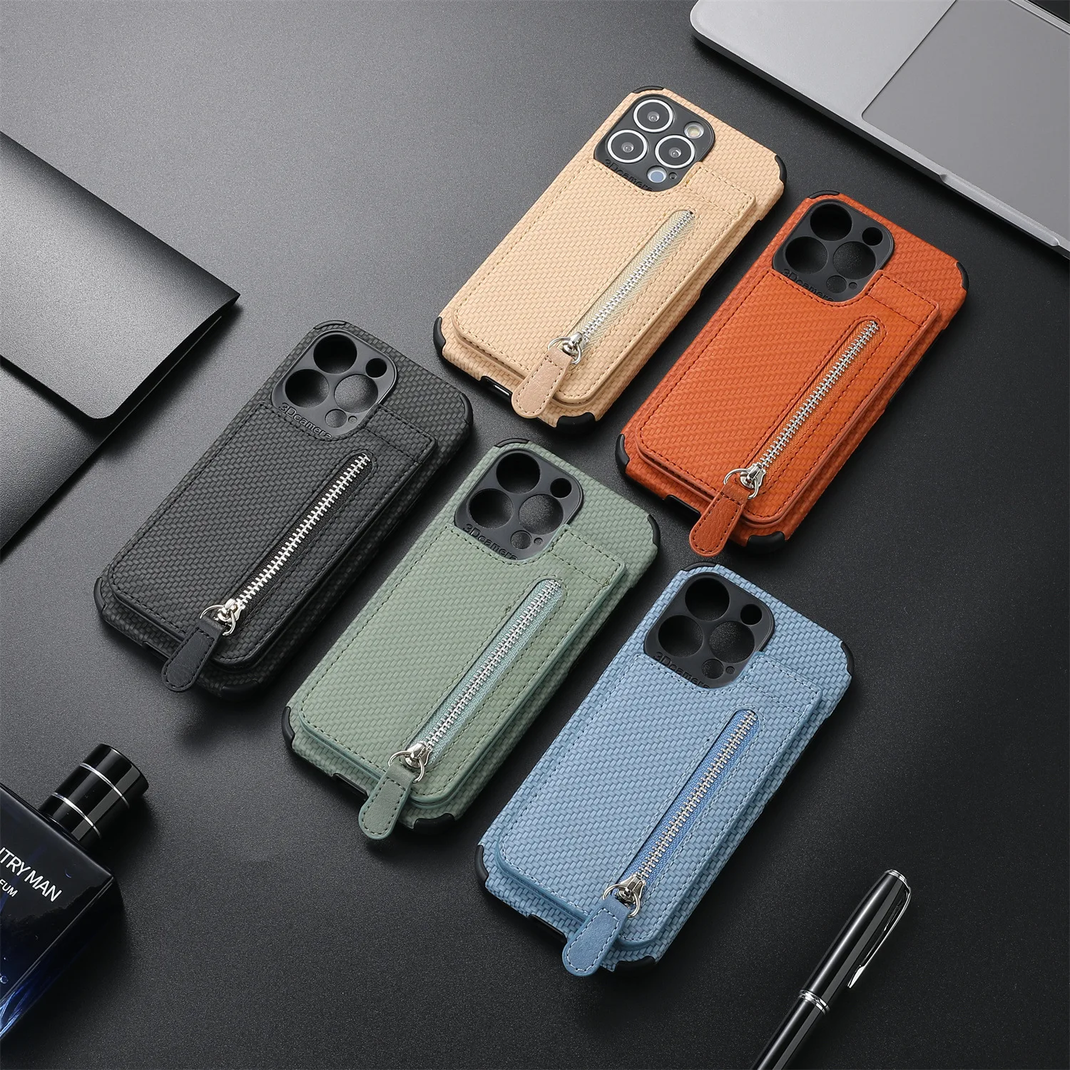 

Leather Zipper Carbon Fiber Phone Case For Iphone 14 Pro Max 13 12 11 XR XS Iphone8 Magnetic Stand Card Solt Cover