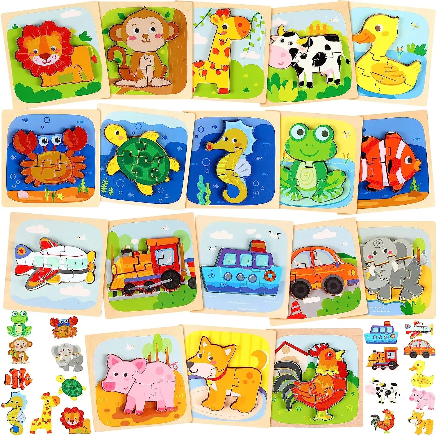 

1-3 Toddler Puzzles Wood Puzzles Animal Traffic Shape Montessori Toy Preschool Educational Puzzles Gifts for Boys Girls Ages 2-4