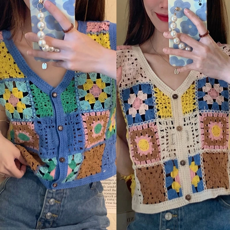 

Fashion Floral Women Knit Cardigan Crop Tops Loose Sweater Vest Summer Daily