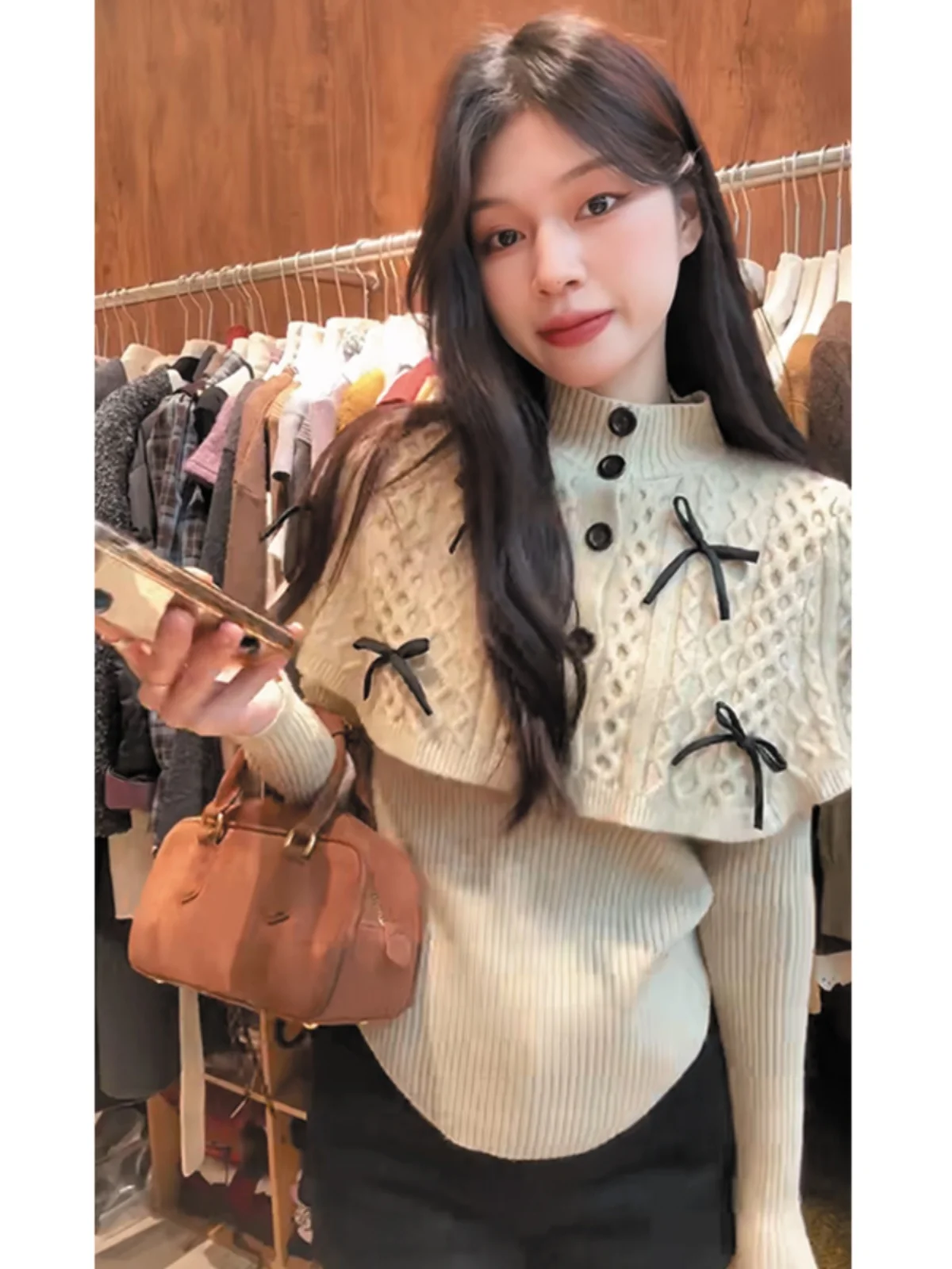 Bow Turtleneck Twist Knit Women Autumn and Winter Slim fit Soft Glutinous Sweater Design Sense Poncho Long sleeve Base Top