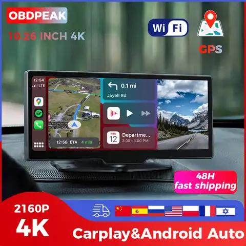 Автомобильный видеорегистратор 4K, Автомобильный видеорегистратор Carplay и Android с GPS, Wi-Fi, видеорегистратор 10,26 дюйма, зеркало центральной консо...