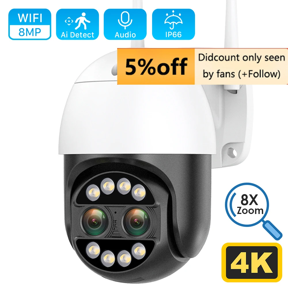 

8MP PTZ WIFI Camera Dual-Lens 8XDigital Zoom Two-Way Audio Waterproof Outdoor 4MP ICSEE ONVIF Surveillance Wireless IP Camera