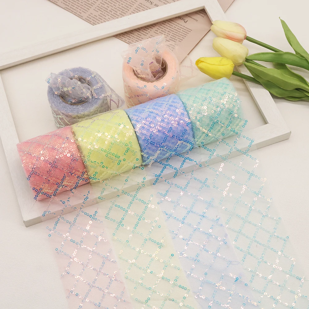 

6/8/10/12cm*9meter Glitter Grid Sequin Tulle Organic Yarn Ribbon Roll Birthday Party Wedding Embroidery Fabric Decor Accessories