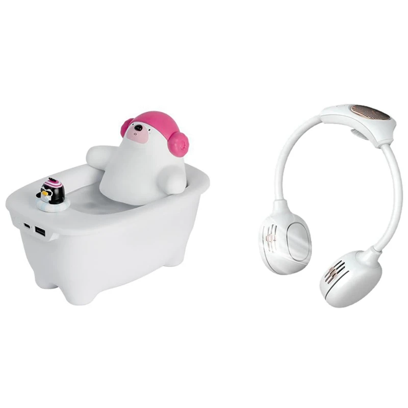 

550Ml Air Humidifier USB Bear Shaped Essential Oil Aroma Diffuser & Hanging Neck Fan,Lazy Neck Fan White