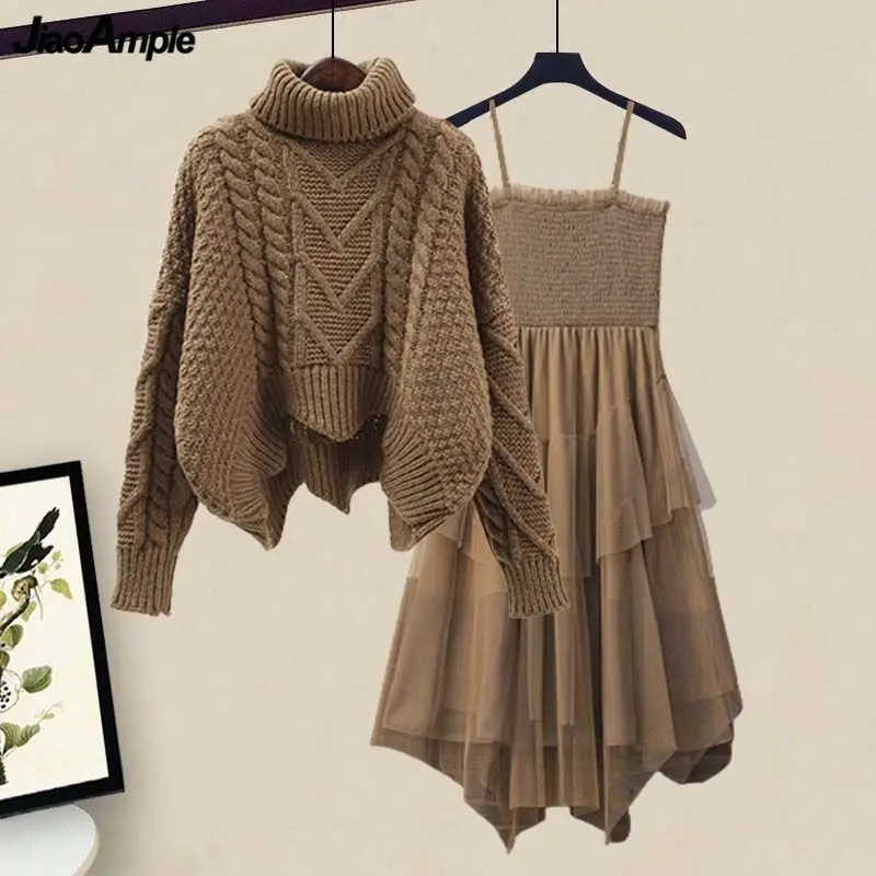 

Autumn Winter Women's Turtleneck Sweater Korean Lady Daily Joker Mesh Sling Dress Knit Pullover 2 Piece Set New Knitwear Outfits