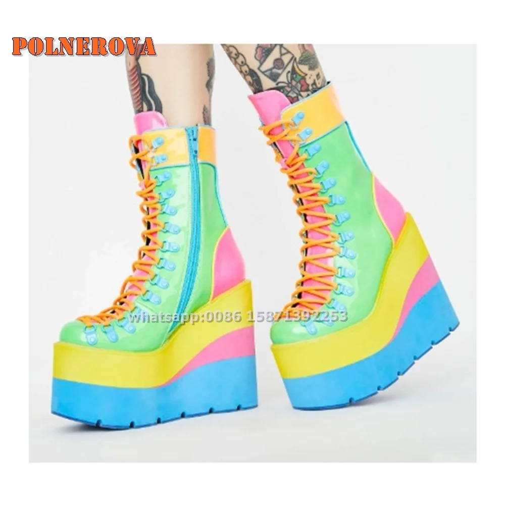 elska platforma z paskiem krzyżowym Booty okrągłe Toe gruba podeszwa wysokość zwiększająca damskie buty do połowy łydki Zip mieszane kolory