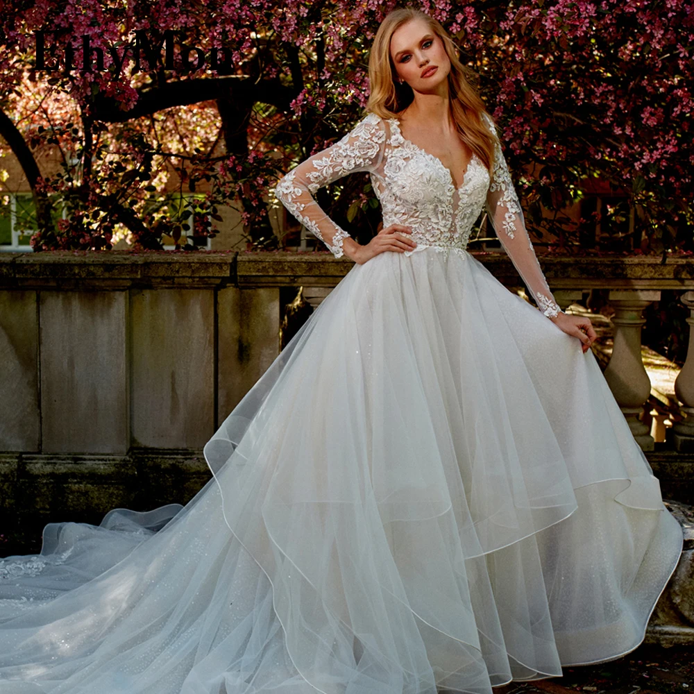 

Ethymon Trendy A-line Brides Wedding Dresses Lace Appliques Long Sleeves V-neck Backless Bling Tulle Abito Da Sposa Customized