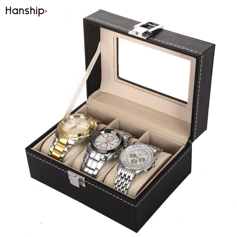 

2022 3 Grids Leather Clear Glass Jewelry Men Gift Portable Retro Travel Wrist Watch Storage Box