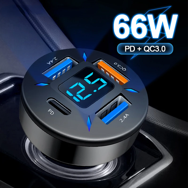 

66W 4 Ports USB PD Quick Car Charger QC3.0 Type C Fast Charging Car Adapter Cigarette Lighter Socket Splitter For iPhone Xiaomi