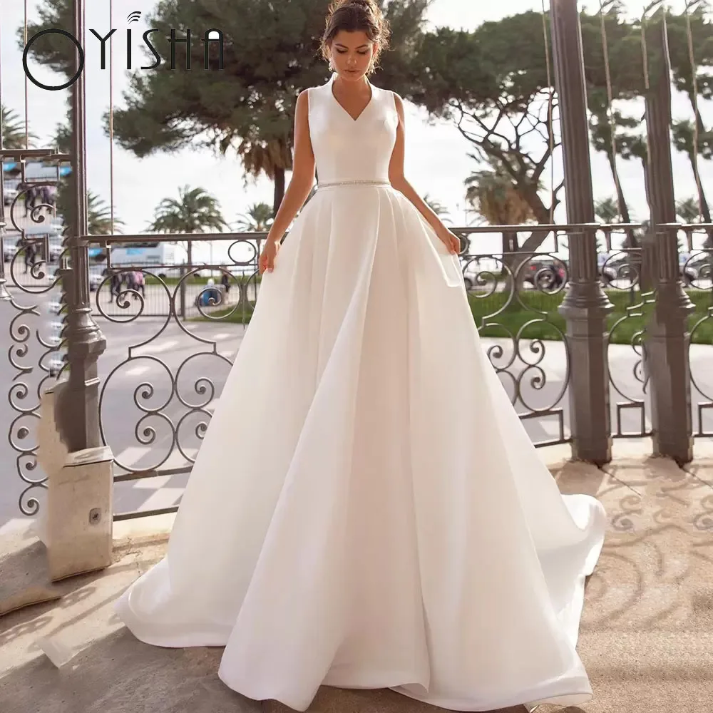

OYISHA 2023 атласные свадебные платья принцессы A-силуэт V-образный вырез свадебное платье смитл Иллюзия пуговицы сзади бисер пояс Vestidos de Noiva