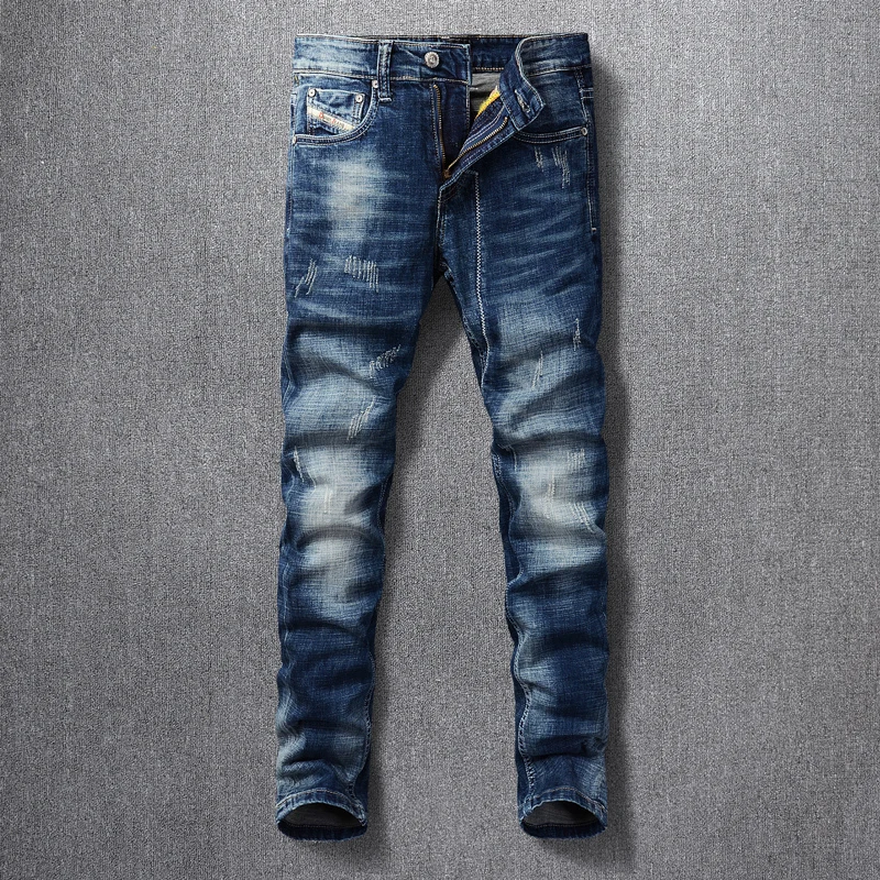 Fashion Designer Men Jeans Retro Dark Blue Elastic Slim Ripped Jeans Men Casual Trousers Embroidery Vintage Denim Pants Hombre